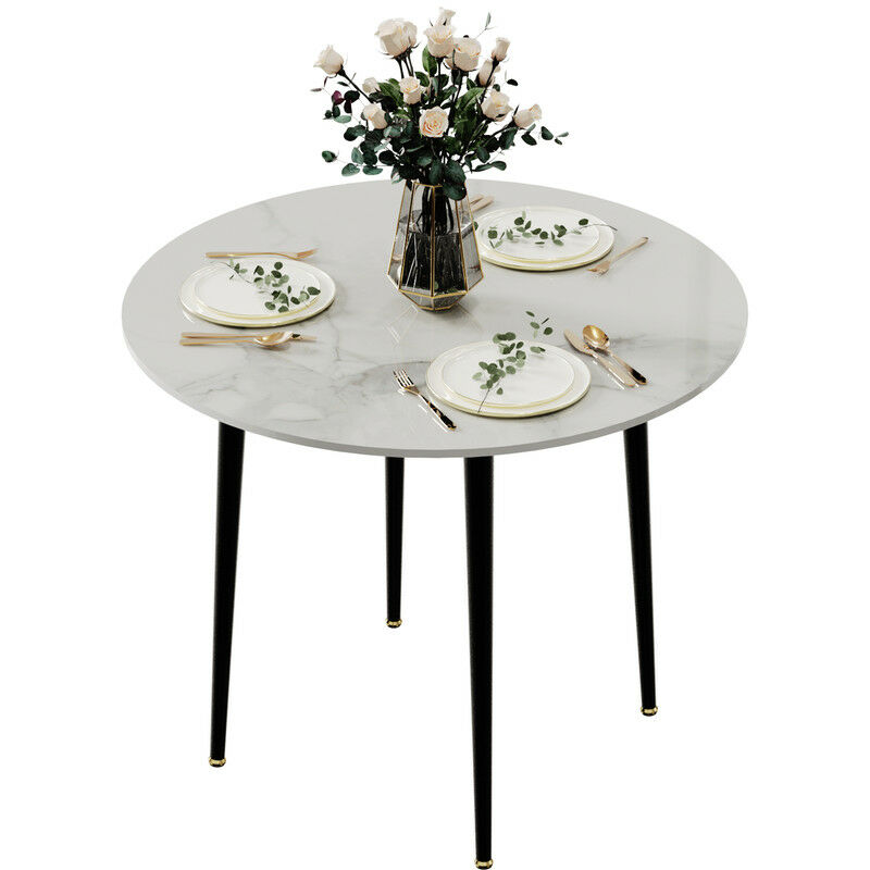 Unho - Table à Manger en Marbre - Pierre Véritable Table Ronde 80cm pour 4 personnes Grand Table Haute Cuisine en Marbre et Métal - Blanc