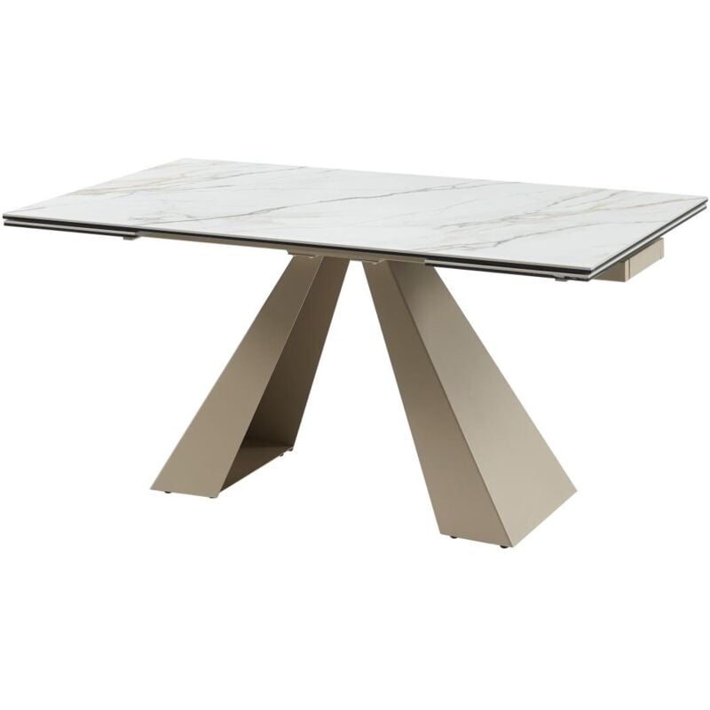 Table à manger extensible 6 à 10 personnes en verre trempé, céramique et métal - Effet marbre blanc et beige - lozipa de Maison Céphy