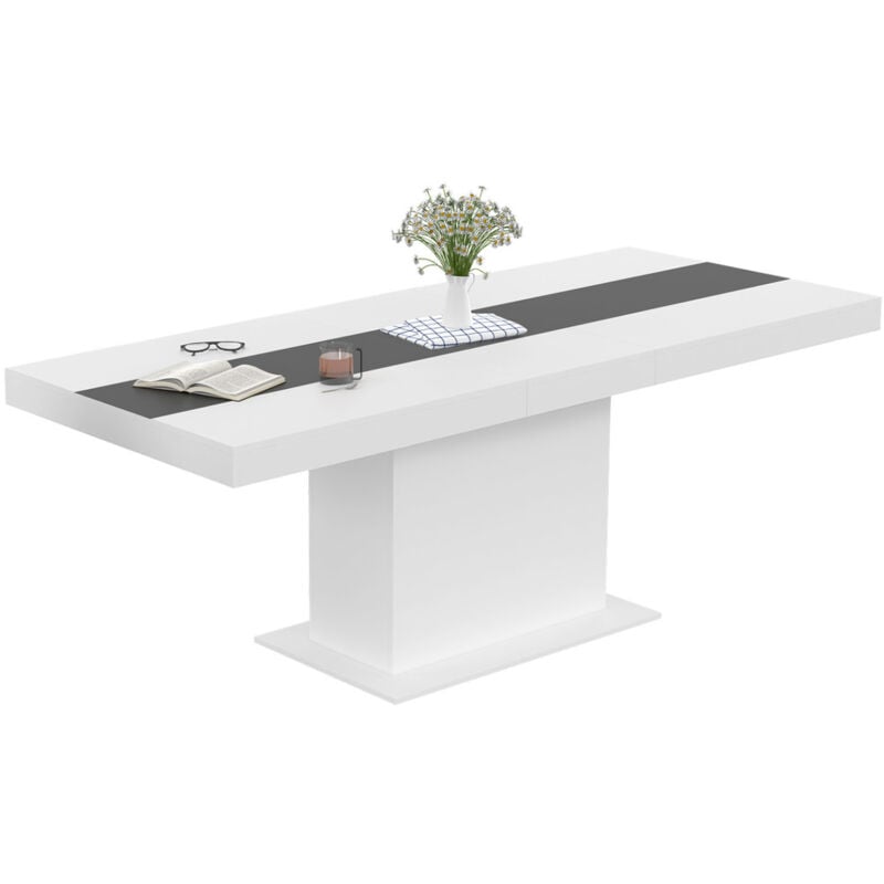 Table à manger extensible rectangle eden 6-10 personnes blanche et bande centrale grise 160-200 cm