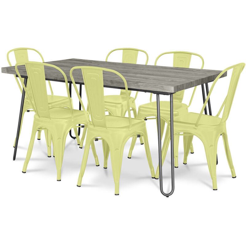 pack table à manger - design industriel 150cm + pack de 6 chaises à manger - design industriel - hairpin stylix jaune pâle - mdf, métal - jaune pâle
