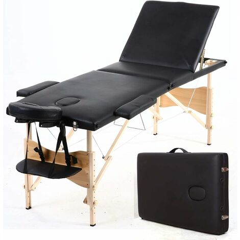 Table massage pliante portable lit de canapé résistant à l'huile pour la thérapie de tatouage de salon de beauté 3 sections cadre en bois léger avec sac de transport - noir