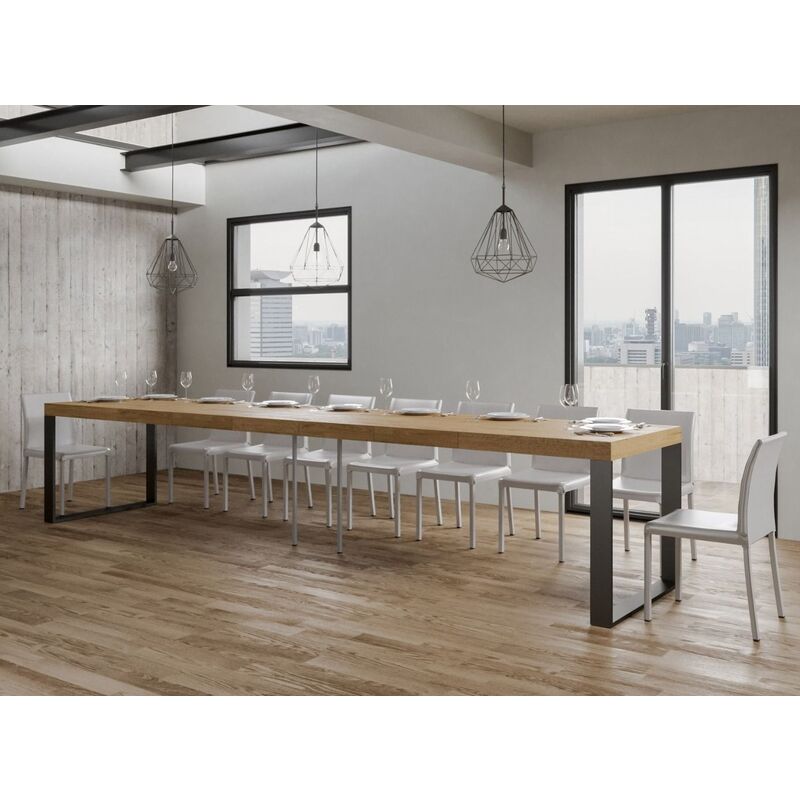 Les Tendances – Table extensible 8 à 20 places L 180 à 440 cm – Bois mélaminé italien – Pieds en acier anthracite – 5 rallonges de 52 cm