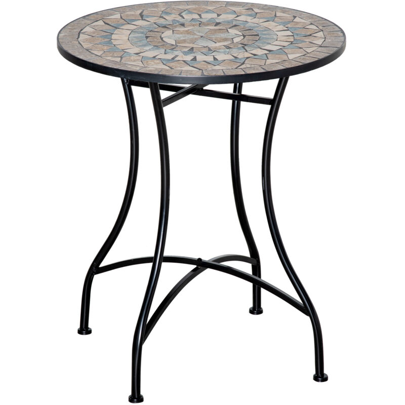 Table Mosaïque Ronde Ø60 Cm Avec Plateau En Céramique Pour Jardin Et Balcon，vert Beige Blanc