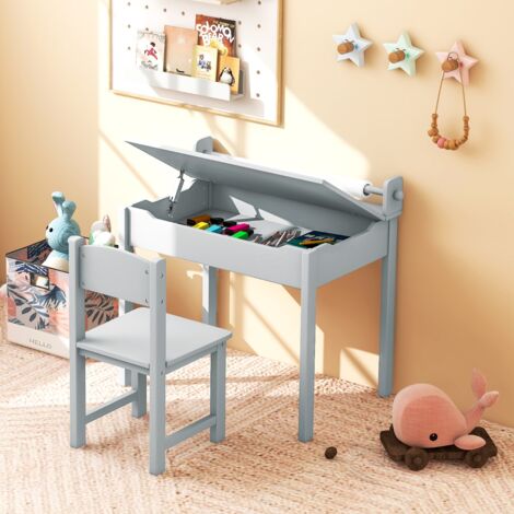 Table Multi-activités avec Chaise Table D'art et D'artisanat pour Enfants Support de Rouleau de Papier Rangement Rouleau de Papier 2 Marqueurs Gris CW3215 Maison Chic