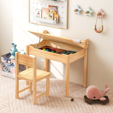 Table Multi-activités avec Chaise Table D'art et D'artisanat pour Enfants Support de Rouleau de Papier Rangement Rouleau de Papier 2 Marqueurs Naturel