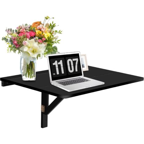Table murale pliante en bois, bureau d'ordinateur suspendu avec grand plateau, gain de place, table à manger pliable pour cuisine, salon, chambre, 80 x 60 x 43 cm (Noir)