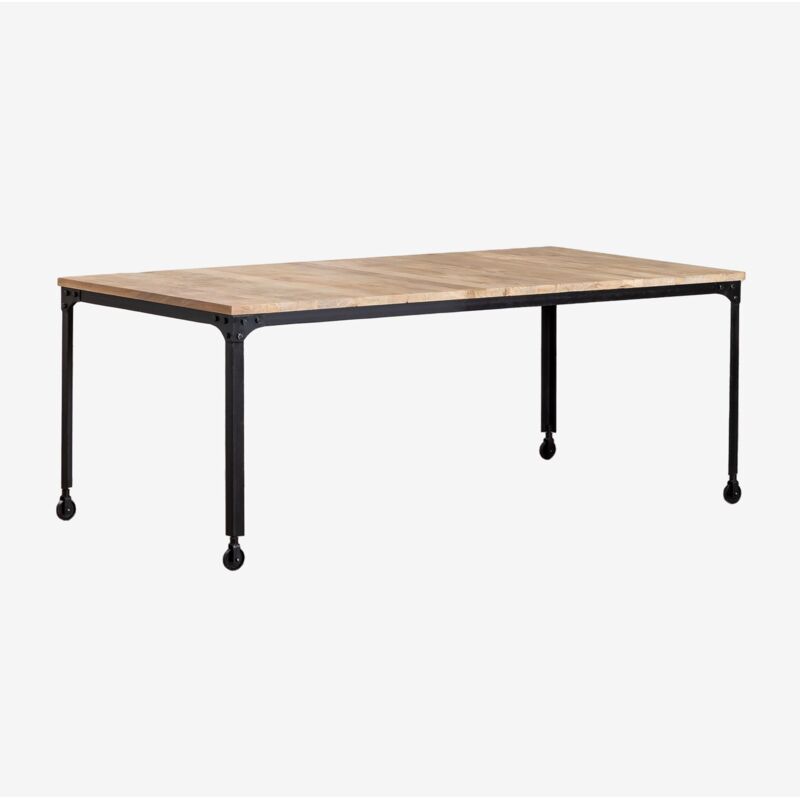 Sklum - Table à manger rectangulaire à roulettes en bois recyclé et acier (200x100 cm) Nika Noir