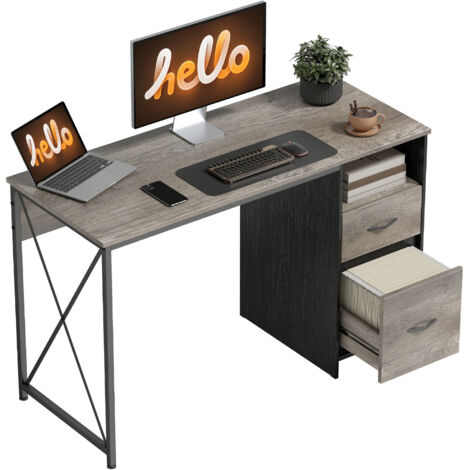 Table ordinateur 120x50 cm bureau industriel compartiment 2 tiroirs, gris clair