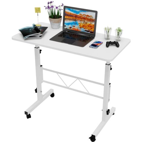 Table Ordinateur Mobile Réglable en Hauteur, Bureau Debout Portable avec roulettes 80x40cm, Petit Table D'ordinateur Mobile, Table de Lit pour Canapé, Table d'appoint pour Chambre Blanc