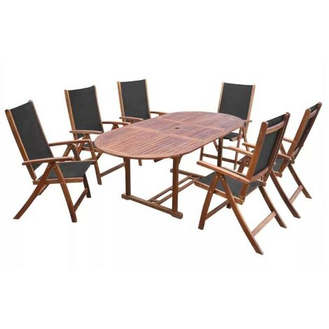 Table ovale extensible et 6 chaises de jardin acacia foncé et tissu noir Noiro