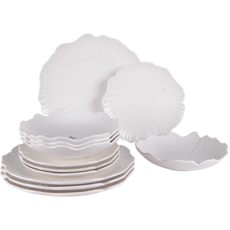 Service d'assiettes en porcelaine blanche Ginkgo 12 pièces – 4 assiettes plates 25.5 cm, 4 assiettes creuses 20 cm, 4 assiettes à dessert 20 cm –