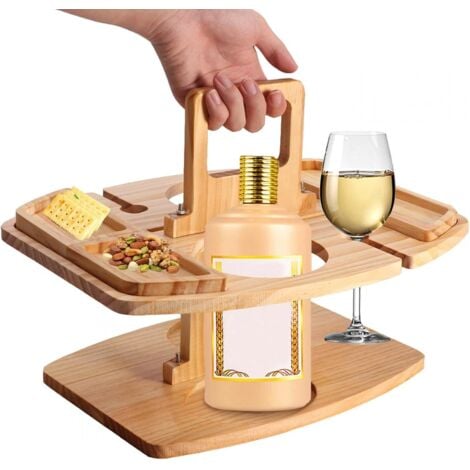 WOTEENORE Table pique-nique bois portable, plateau fromages/apéritifs, 2 porte-verres vin