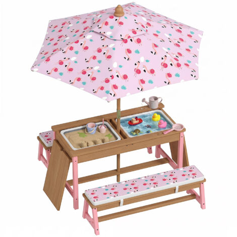 Table pique-nique enfant avec bancs, coussins, parasol pliable, boîtes de rangement amovibles, motif à flamant, rose