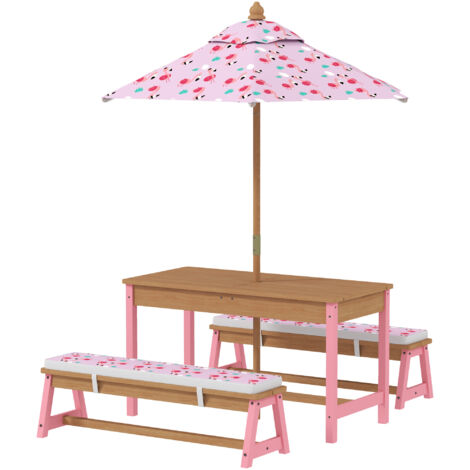 Table pique-nique enfant avec bancs, coussins, parasol pliable, boîtes de rangement amovibles, motif à flamant, rose
