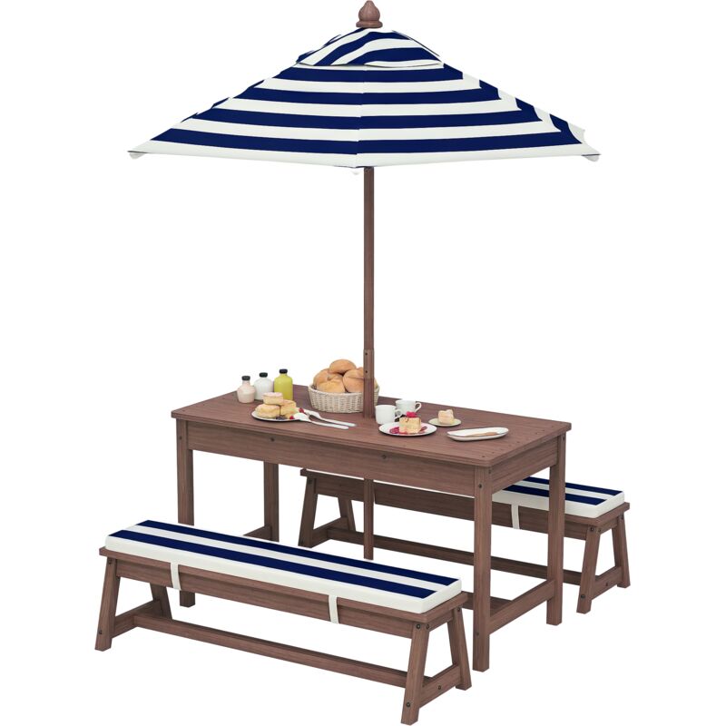Table pique-nique enfant - ensemble salon de jardin enfant - 2 bancs, coussins et parasol - bois brun