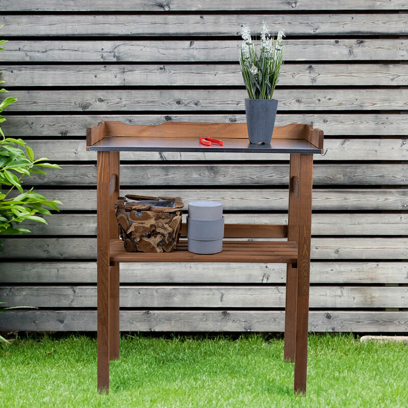 Etc-shop - Table à plantes avec meuble bas Table à plantes en bois imprégné de balcon, durable avec compartiment de rangement et plaque en métal,