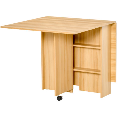 Table Pliable avec Roulettes, Table à Manger Design Pliante, Escamotable Gain de Place, Style Moderne, avec Roues, Étagères de Rangement, 140 × 80 × 74 cm, Bois