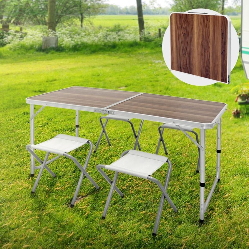 ECD Germany Set Table + 4 Chaises De Camping - Table Pliante Pliable Portable - 120 Cm - En Aluminium et MDF - Couleur Marron - Réglable - pour