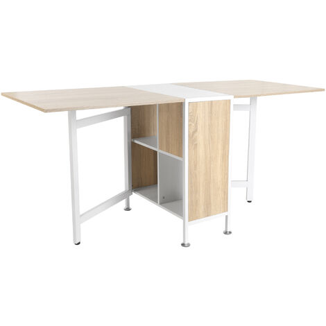 Table pliable compacte avec rangements châssis acier blanc aspect chêne clair