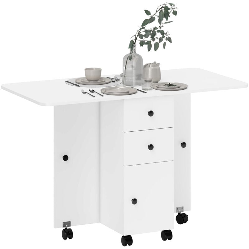 Table pliable de cuisine salle à manger - 2 tiroirs, placard, niche - panneaux aspect bois blanc