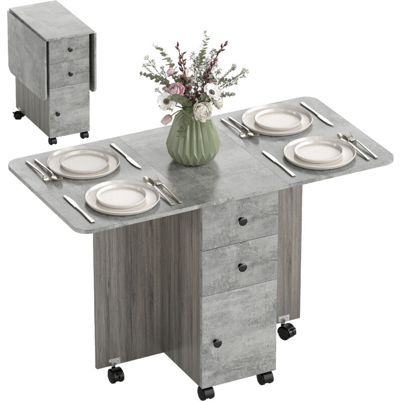 Table pliable de cuisine salle à manger - 2 tiroirs, placard, niche - panneaux aspect bois béton ciré gris