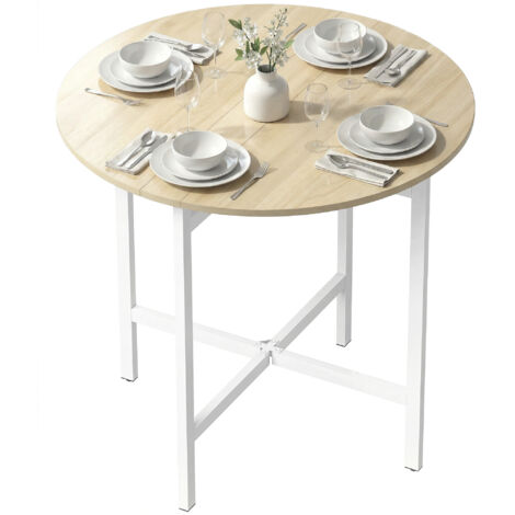 Table pliant rond 80 cm, table escamotable en bois aspect naturel, cadre en acier, pour 2 à 4 personnes