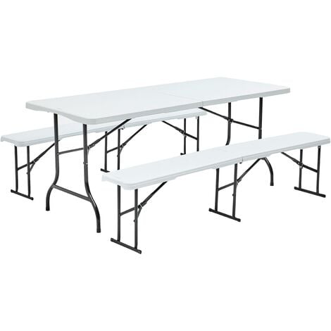 Table pliante 180 cm et 2 bancs pliables - Blanc