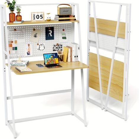 Table Pliante 2 Étagères avec Rangement Intégré - Bureau Design Sans Montage 86x40x138cm  Panneau de Particules Durable, Gain de Place pour Salon/Chambre et Télétravail