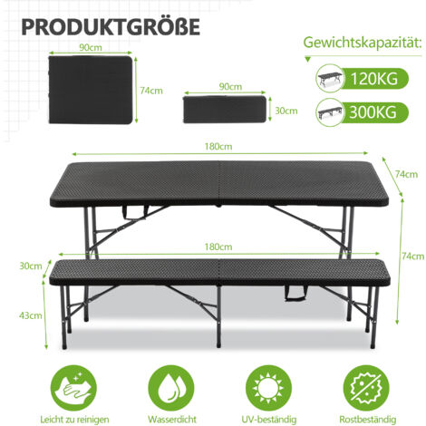 Table pliante 6 pieds + 2 bancs,ensemble camping 3 pièces plateau HDPE. Résistant UV et eau,verrouillage sécurité,coloris noir.