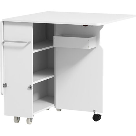 Table pliante à abattant 3 niveaux avec casiers et roulettes, MDF blanc 130x80x76.5 cm