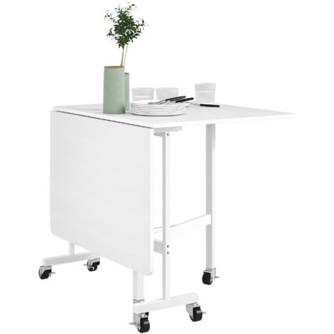 Table pliante à manger 4-6 personnes roues ailes pliantes cuisine, 120x80x73 cm, blanche