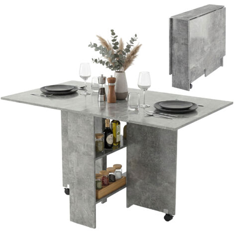 Table pliante avec étagères, rabat et roulettes, gris ciment