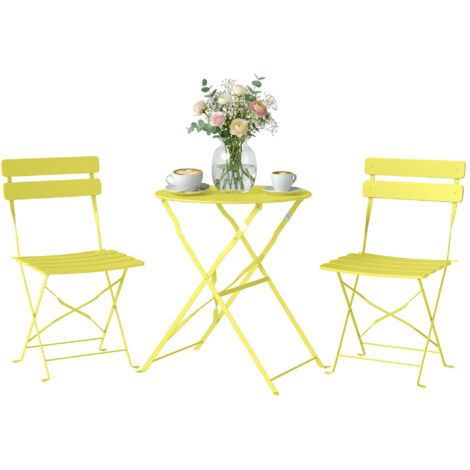 Table pliante bistrot 3 pièces jaune, ensemble jardin 2 chaises lattes double antirouille, mobilier extérieur compact pliable, table ronde pliante chaise pliante pour terrasse balcon, résistant rouill