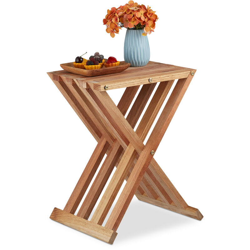 Table pliante, bois de noyer, salon, balcon et terrasse, hlp 44,5x34x28 cm, table d'appoint, pliable, naturel - Relaxdays