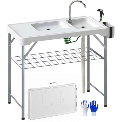 Table pliante camping 2 éviers station nettoyage tuyau vidange robinet, blanc