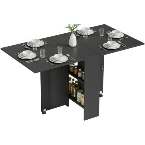 Table pliante cuisine salle à manger noire 75 x 140 x 74 cm sur roulettes