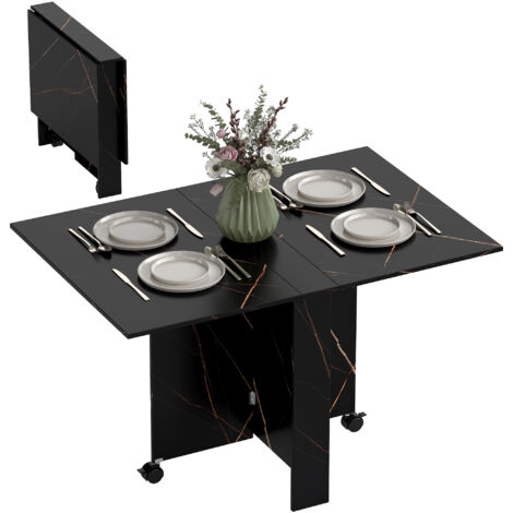 Table pliante cuisine table à manger pliable avec 2 abattants 2 roues avec freins 120 x 80 x 73 cm noir marbré imitation