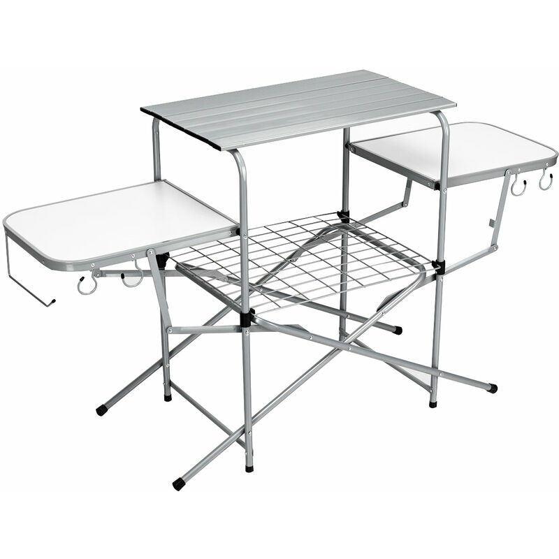 Décoshop26 - Table pliante de camping avec 2 tablettes latérales et étagère de grille pour barbecue pique-nique 146x45x82cm - noir