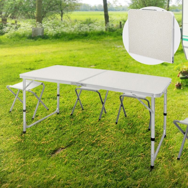 Ecd Germany - Table Pliante de Jardin Camping avec Poignée - 120x60x55/63/70 cm - Blanc/Crème - en Aluminium/MDF - Hauteur Réglable - Table