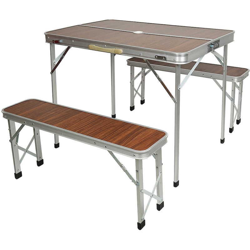 Table Pliante de Camping Valise 906070cm + 2 Bancs en Aluminium Marron