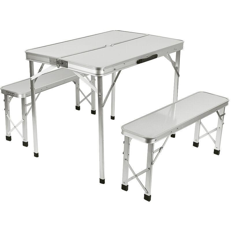 Table Pliante de Camping Valise 906070cm + 2 Bancs en Aluminium Argent