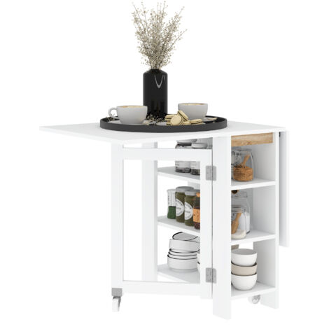 Table pliante de cuisine avec ailes pliantes, 2 roues et étagères, style moderne 120x60x75 cm, blanc