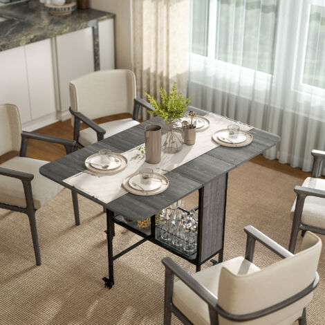 Table pliante de cuisine extensible salle à manger sur roulettes jusqu'à 6 personnes étagère intégrée, 6 roues, Gris