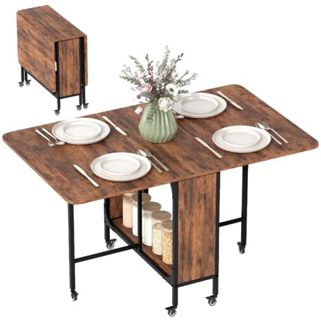 Table pliante de cuisine extensible salle à manger sur roulettes jusqu'à 6 personnes étagère intégrée, 6 roues, Marron