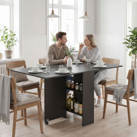 Table pliante de cuisine salle à manger amovible sur roulettes 75 x 140 x 74 cm coloris noir