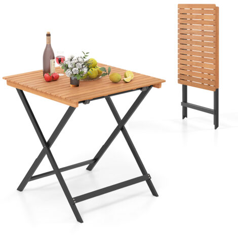 Table Pliante de Jardin en Bois d'Acacia, Table d'Appoint Carrée Pliable Portable avec Plateau à Lattes, pour Balcon, Terrasse, Salon, 70 x 70 x 73 cm