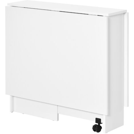 Table pliante de salle à manger, table de cuisine rabattable pour 6 personnes, bureau repliable gain de place avec 2 étagères ouvertes et roulettes freinées, pour salon, bureau, 140x75x74cm, blanc