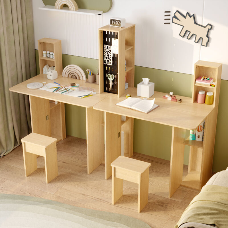 Table pliante double avec espace de rangement, beige, MDF, 180 × 28,8 × 130 cm
