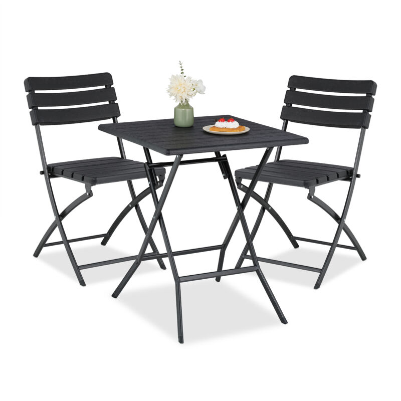 Table pliante et 2 chaises pour balcon, aspect bois, acier et plastique, meubles terrasse, noires - Relaxdays