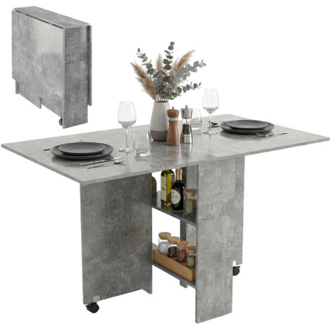 Table pliante gris ciment avec étagères, abattant et roulettes
